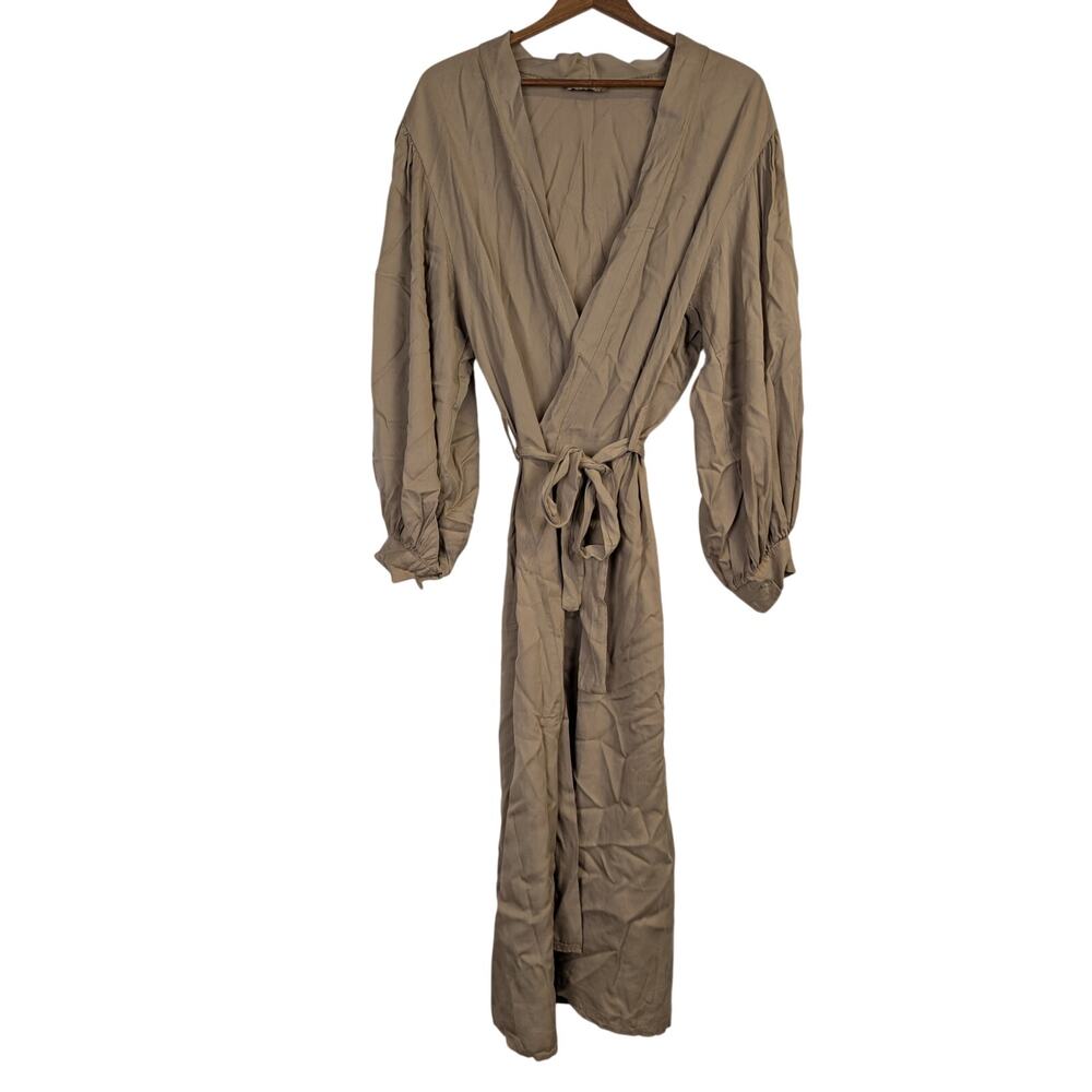 Minimalist Wrap Dress Garconne Tu Womens Medium Tan Midi Long Sleeve Tencel